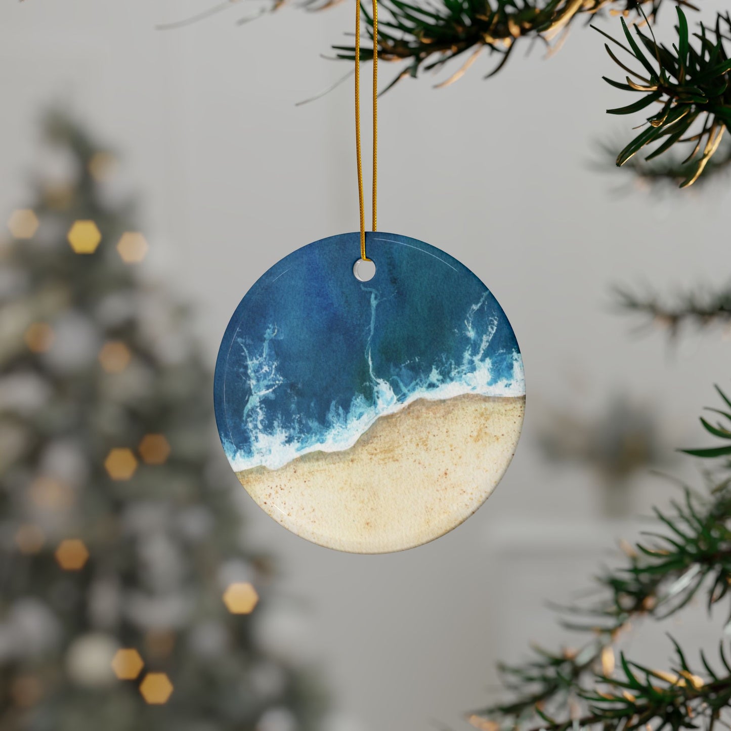 Coastal Beach Ceramic Ornaments | Ocean Waves 2-Sided Print | Holiday Decor, Sea Themed Gift, Beach House Ornament, Set of 1, 3, 5, 10