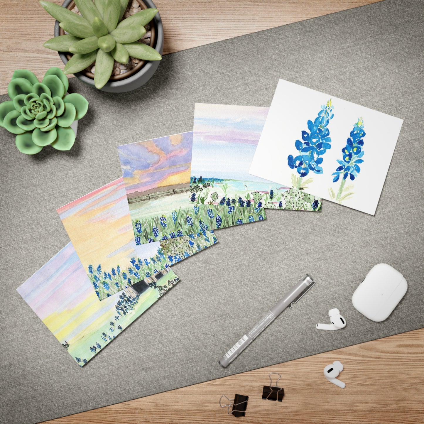 Watercolor Texas Sunsets Cactus Bluebonnets Greeting Cards, 5-Pack - All Occasions, Blank Note Cards, Gift Set, Hand-Painted Stationery,