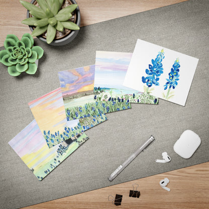 Watercolor Texas Sunsets Cactus Bluebonnets Greeting Cards, 5-Pack - All Occasions, Blank Note Cards, Gift Set, Hand-Painted Stationery,