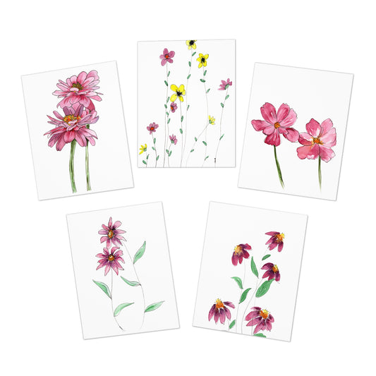 Greeting Cards, Watercolor Pink Flowers, Mother's Day Gift, 5-Pack, Note Cards, Anytime Use, Floral Stationery