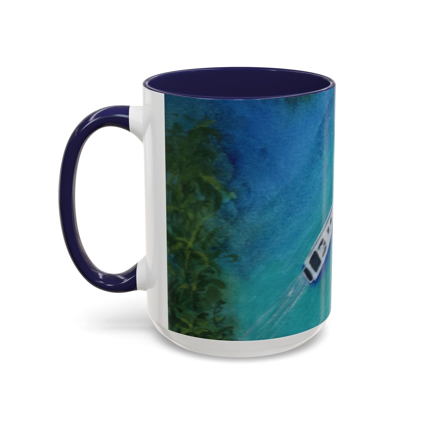 Coffee Mug, Cruisin Watercolor Speedboat Palms and Blue Waters Design, Nautical Tea Cup, Ceramic Tumbler, Boating Drinkware, Ocean Vacation