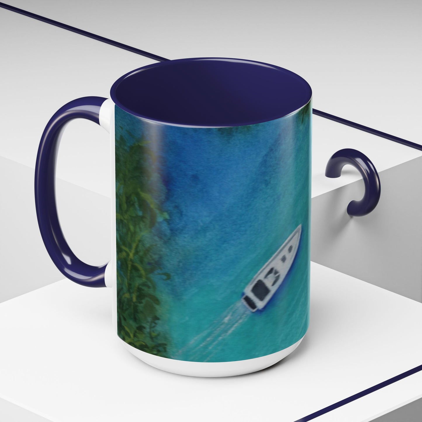 Coffee Mug, Cruisin Watercolor Speedboat Palms and Blue Waters Design, Nautical Tea Cup, Ceramic Tumbler, Boating Drinkware, Ocean Vacation