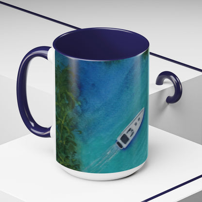 Coffee Mug, Cruisin Watercolor Speedboat Palms and Blue Waters Design, Nautical Tea Cup, Ceramic Tumbler, Boating Drinkware, Ocean Vacation