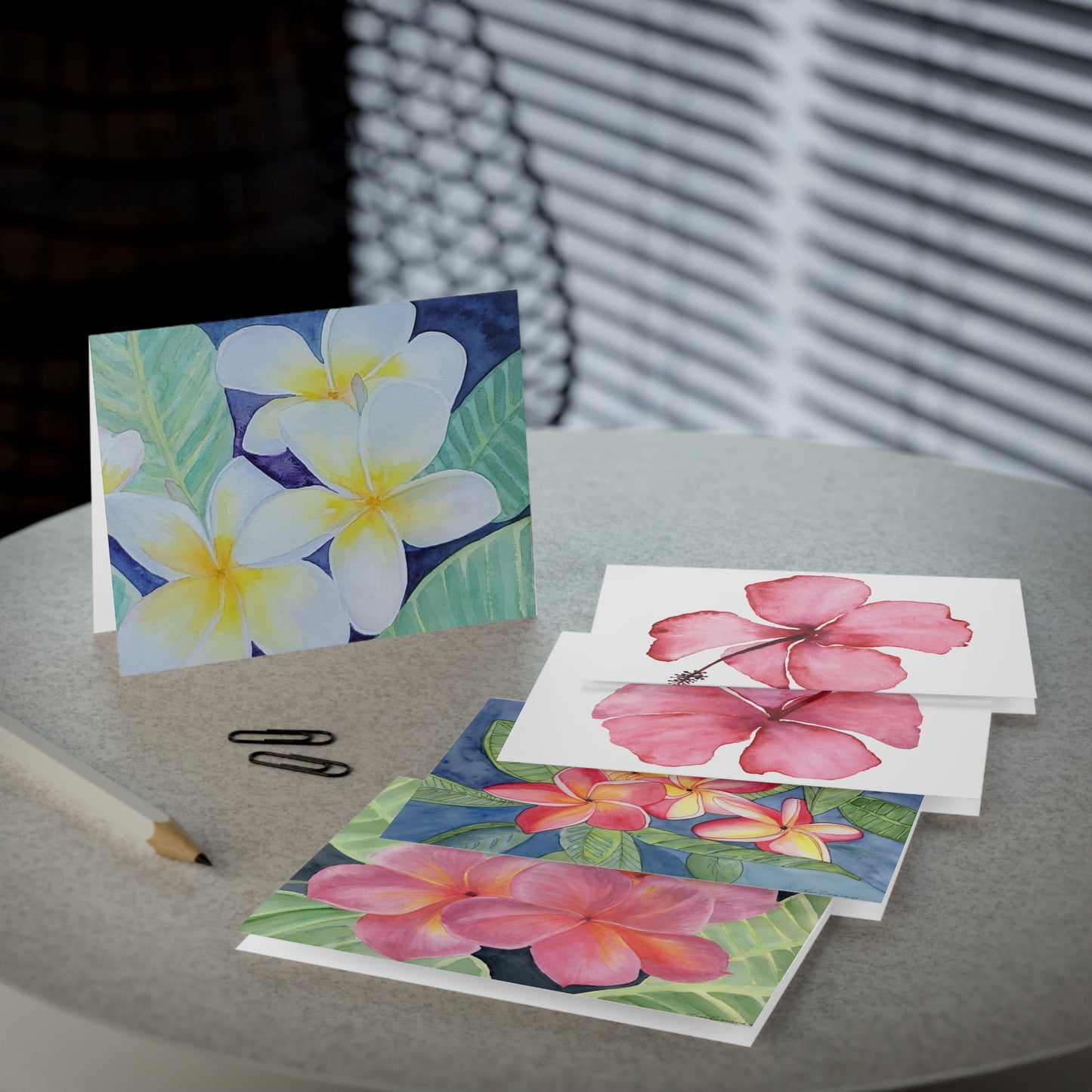 Greeting Cards Set, Tropical Watercolor Fragipani, plumeria Hibiscus Designs, Blank Note Cards, Stationery, Gift Cards, Thank You Cards