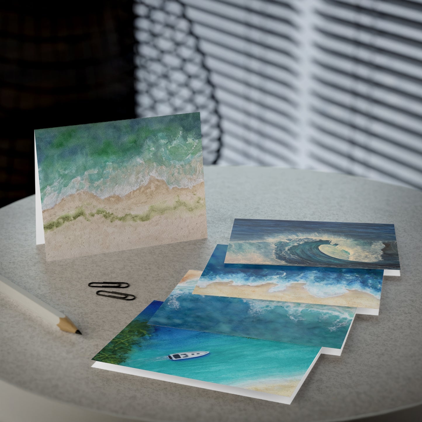 Greeting Cards, Seaside Beach Watercolor Original Designs, 5-Pack for Any Occasion, Blank Inside, Stationery Set, Note Cards, Handmade,
