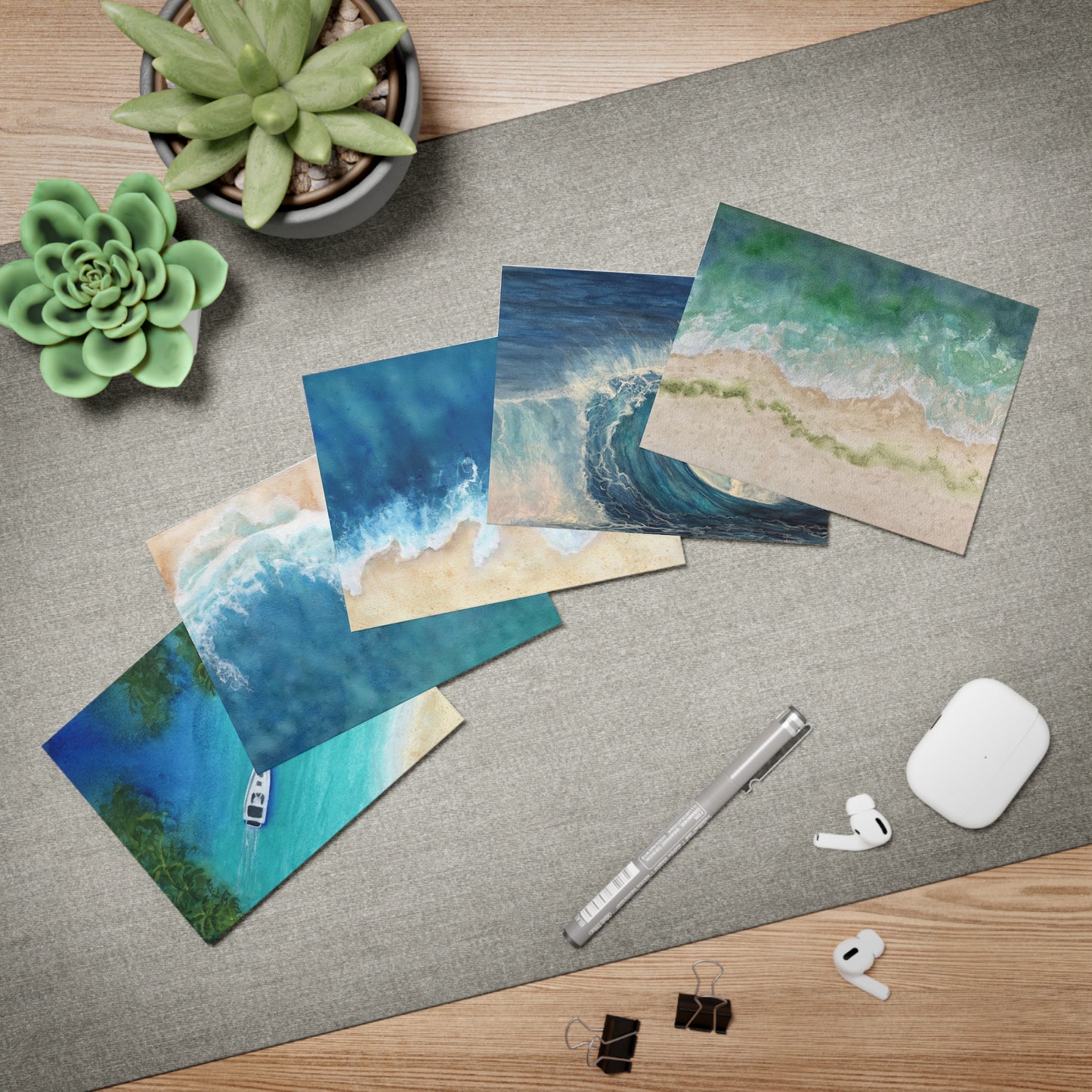 Greeting Cards, Seaside Beach Watercolor Original Designs, 5-Pack for Any Occasion, Blank Inside, Stationery Set, Note Cards, Handmade,