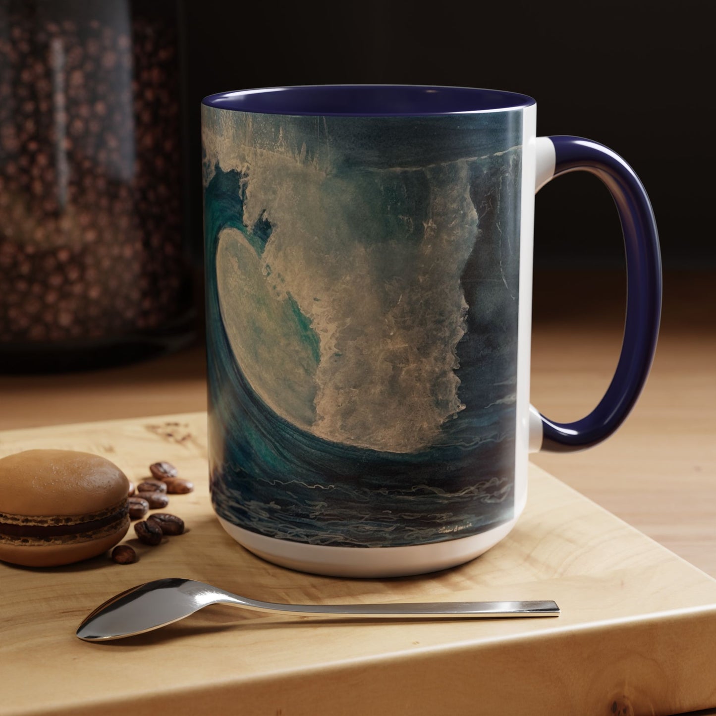 Mug, watercolor big blue wave dark blues and turquoise wavee. Ocean, sea lover gift. Beach theme coffee cup. Coastal home decor. Nautical