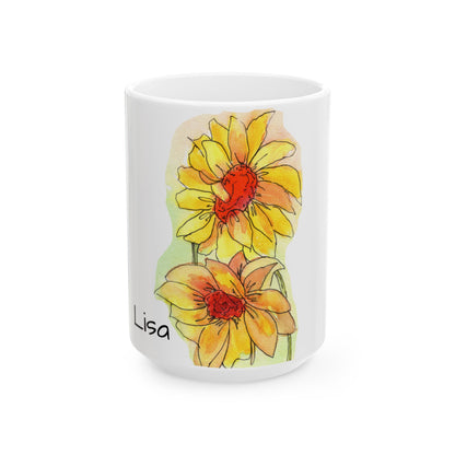 Sunflowers Ceramic Mug - Mom Coffee Cup, Gift for Friends, Summer Drinkware, Tea Lover's Mug, pink floral Kitchen Decor
