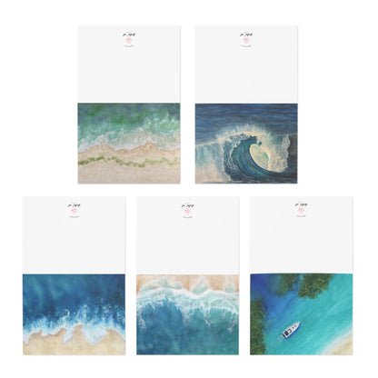 Greeting Cards, Seaside Beach Watercolor Original Designs, 5-Pack for Any Occasion, Blank Inside, Stationery Set, Note Cards, Handmade,