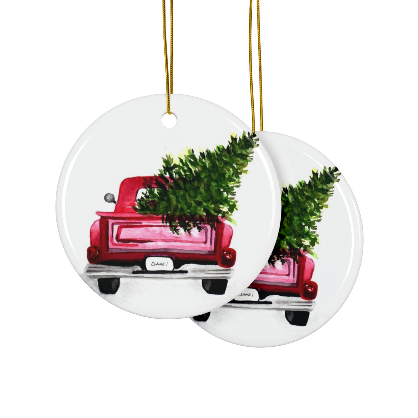 Christmas Tree and Clasic Red Truck, Ceramic Ornaments, Festive Decor for Holiday Gifts, Home Decoration, Tree Ornaments, 2-Sided Print