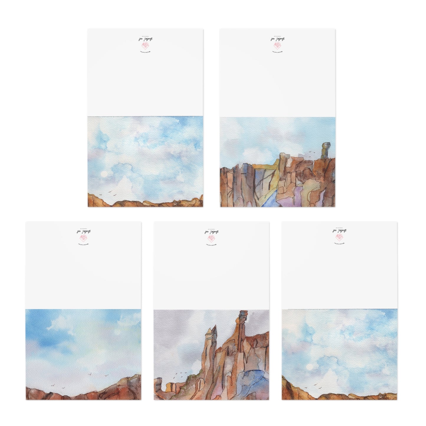 Greeting Cards, Southwest Watercolor Design, 5-Pack, All Occasion Stationery Set, Handmade Blank Note Cards, Big Rocks and Skies Artwork