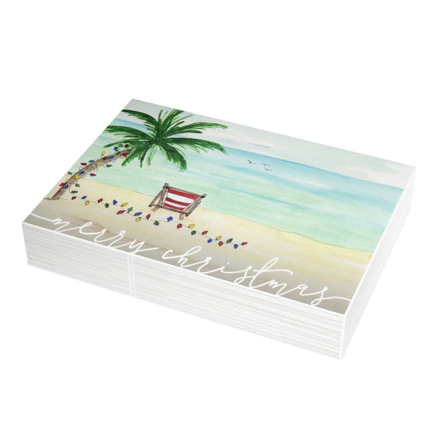 Tropical Merry Christmas Luxury Greeting Card Pack, Original Art Watercolor Art, Blank Tropical Beach Holiday Card Set, Happy Holidays.