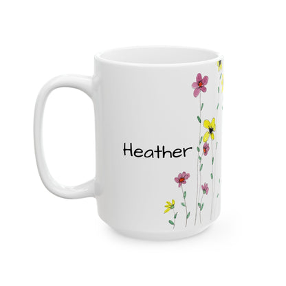 Wildflowers Ceramic Mug - Mom Coffee Cup, Gift for Friends, Gardeners, Summer Drinkware, Tea Lover's Mug, pink floral Kitchen Decor