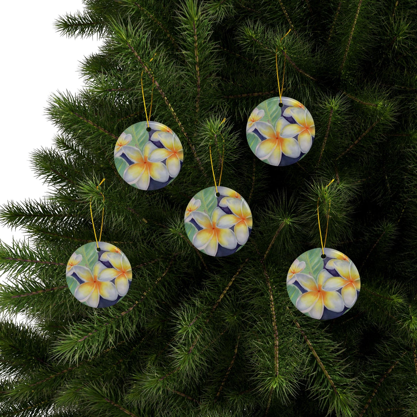 Plumeria, Floral Ceramic Ornaments, 2-Sided Print, Home Decor, Holiday Gift, Christmas Tree Decor, Indoor Plant Hanger, Seasonal Decor
