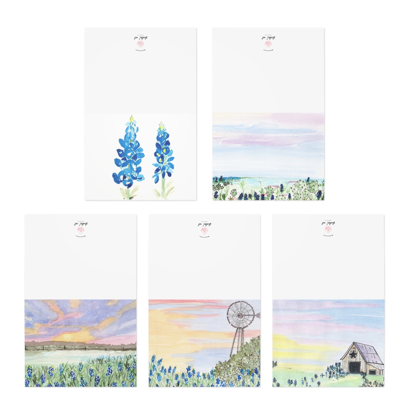 Watercolor Texas Sunsets Cactus Bluebonnets Greeting Cards, 5-Pack - All Occasions, Blank Note Cards, Gift Set, Hand-Painted Stationery,
