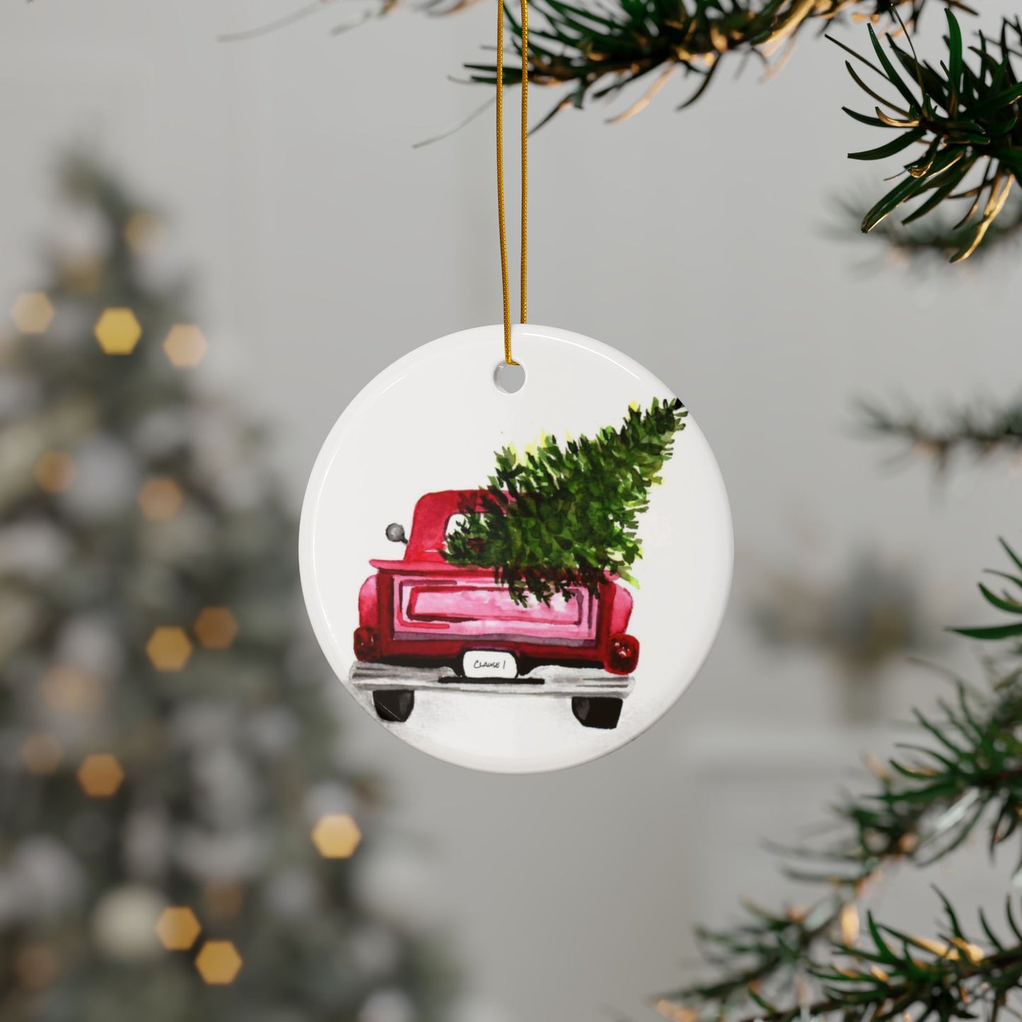 Christmas Tree and Clasic Red Truck, Ceramic Ornaments, Festive Decor for Holiday Gifts, Home Decoration, Tree Ornaments, 2-Sided Print