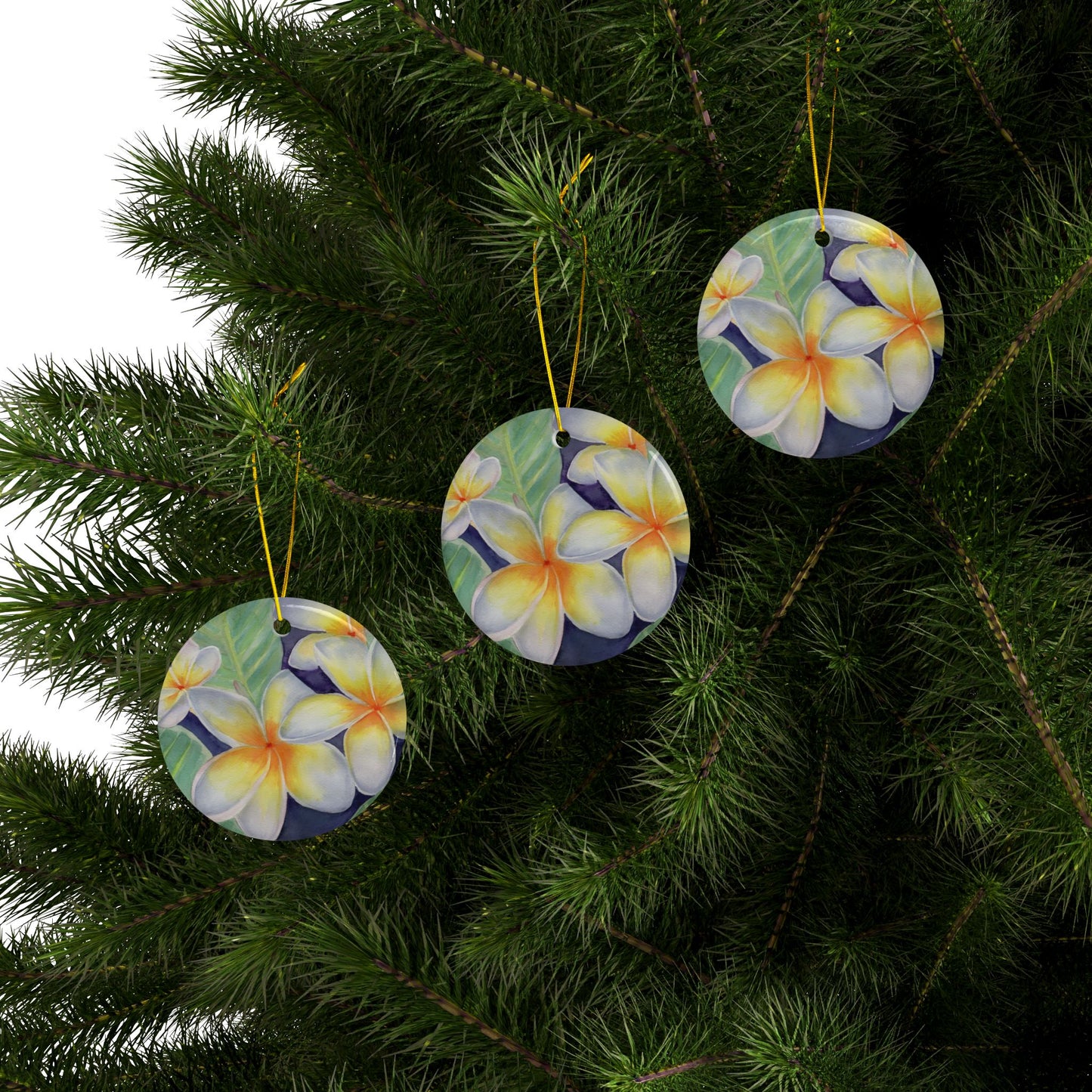 Plumeria, Floral Ceramic Ornaments, 2-Sided Print, Home Decor, Holiday Gift, Christmas Tree Decor, Indoor Plant Hanger, Seasonal Decor