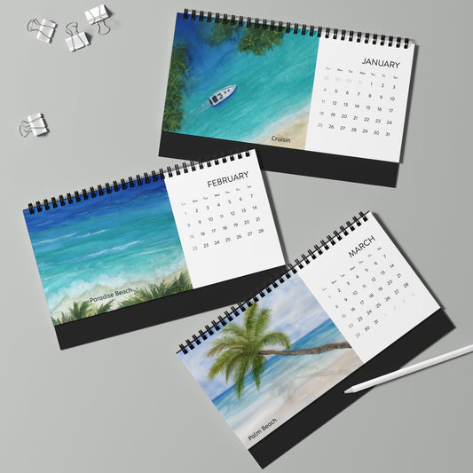 Wall Calendar, Beach Art Monthly Planner, Ocean Desk Calendar, Watercolor Surf and Sand, 2026 Yearly Grid, Coastal Home Decor