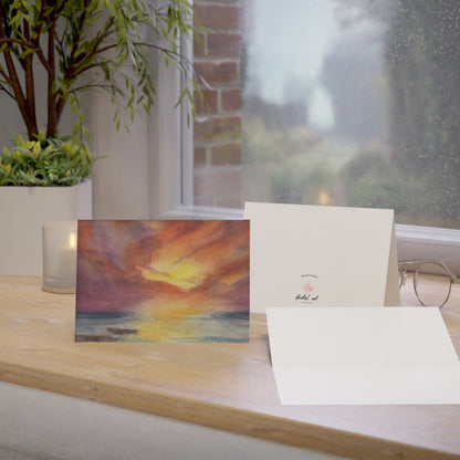 Watercolor Sunset & Ocean Card | Handpainted in Vibrant Oranges and Blues | Blank Inside for Any Occasion
