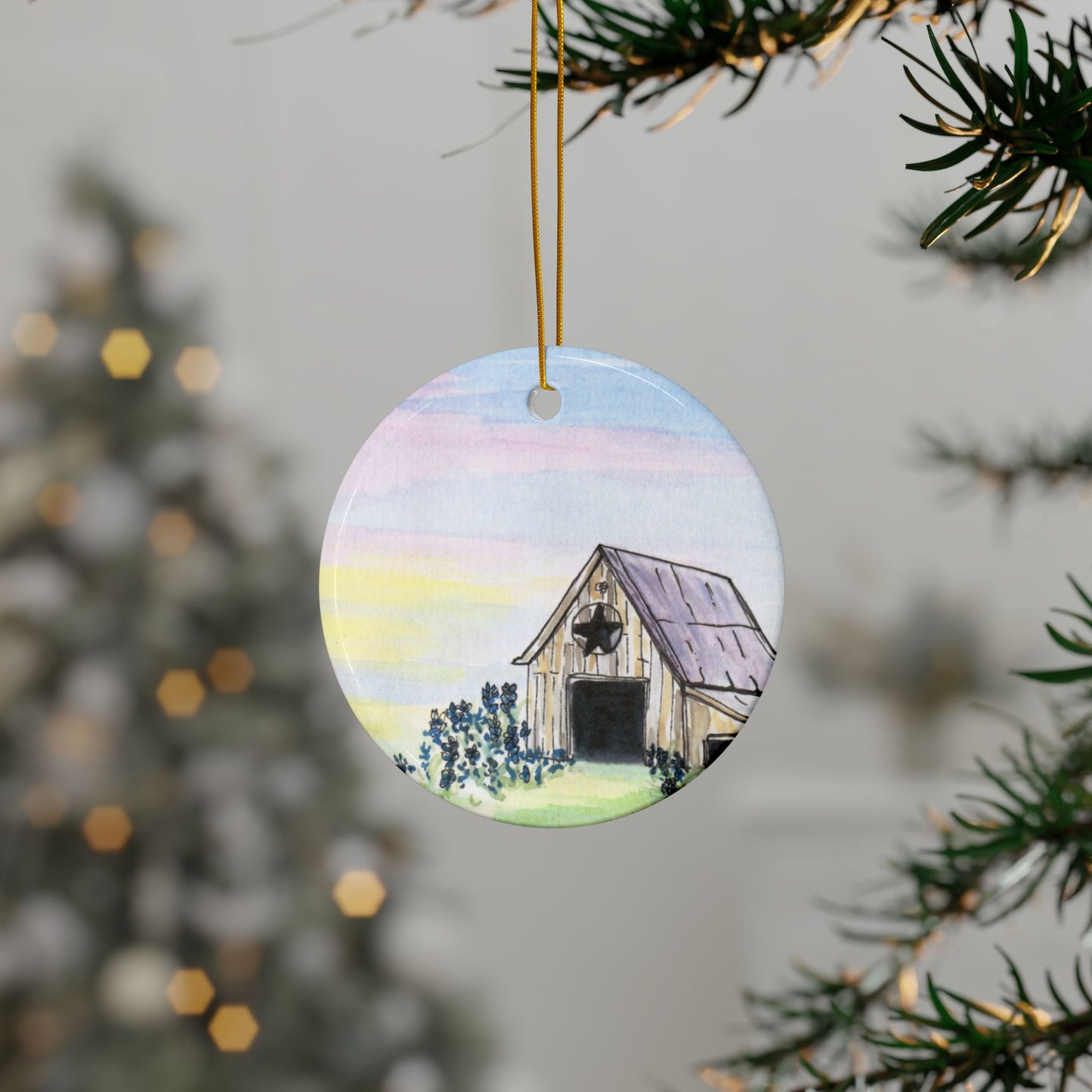 Texas Barn, Ceramic Ornaments, Handmade Holiday Decor, 2-Sided Print, Perfect Gift for Christmas, Housewarming, Tree Decoration, Floral