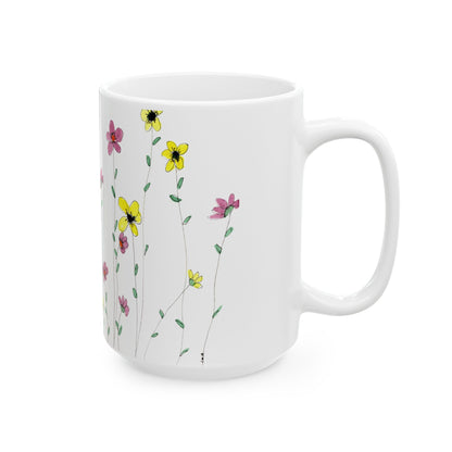 Wildflowers Ceramic Mug - Mom Coffee Cup, Gift for Friends, Gardeners, Summer Drinkware, Tea Lover's Mug, pink floral Kitchen Decor
