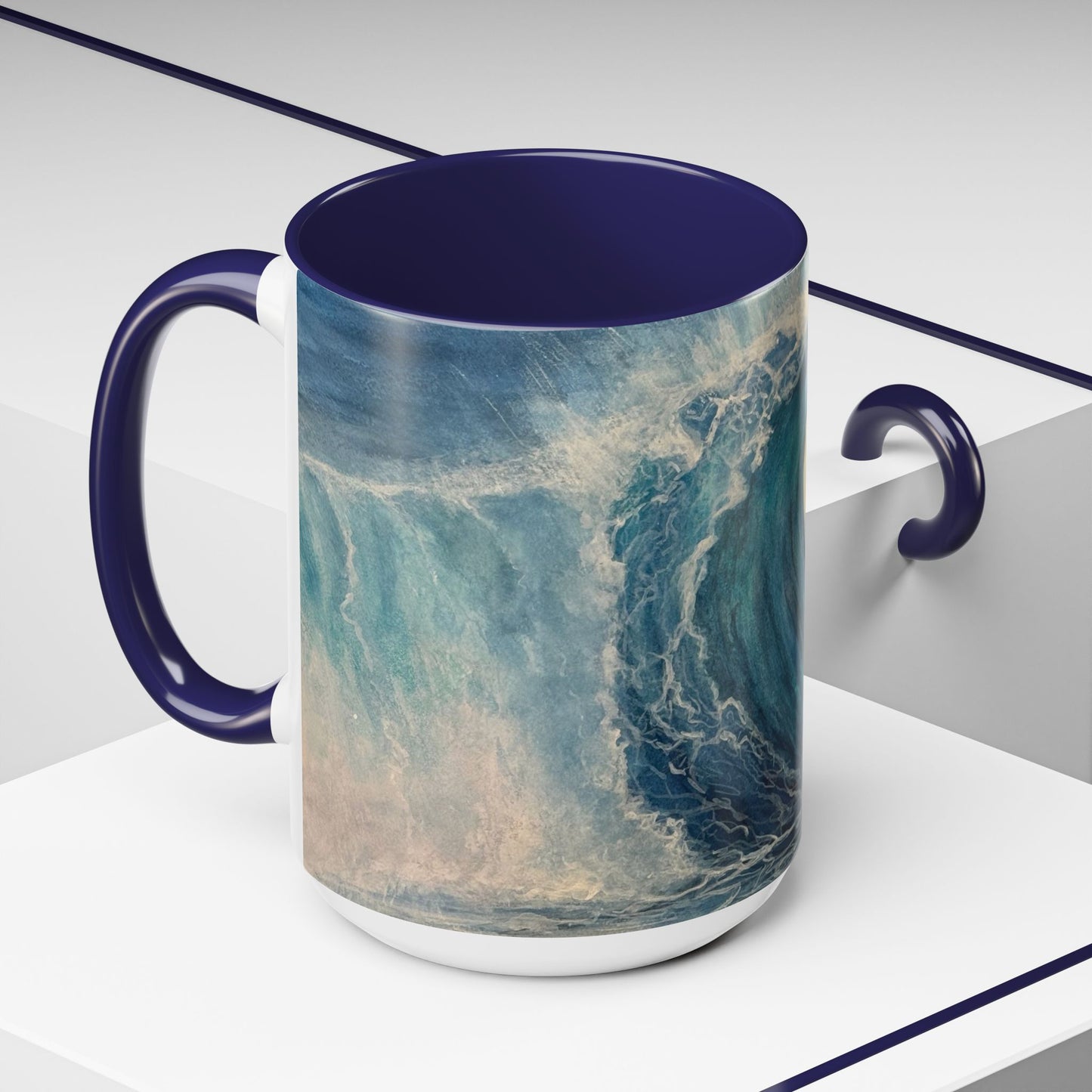Mug, watercolor big blue wave dark blues and turquoise wavee. Ocean, sea lover gift. Beach theme coffee cup. Coastal home decor. Nautical