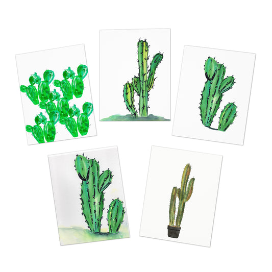 Cactus Lovers Greeting Cards Set, Watercolor Botanical Note Card Bundle, Any Occasion Stationery Pack, 5-Pack