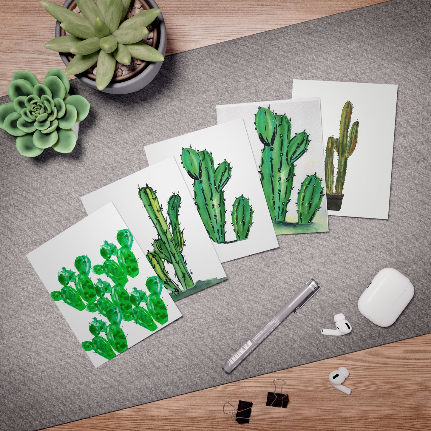 Cactus Lovers Greeting Cards Set, Watercolor Botanical Note Card Bundle, Any Occasion Stationery Pack, 5-Pack