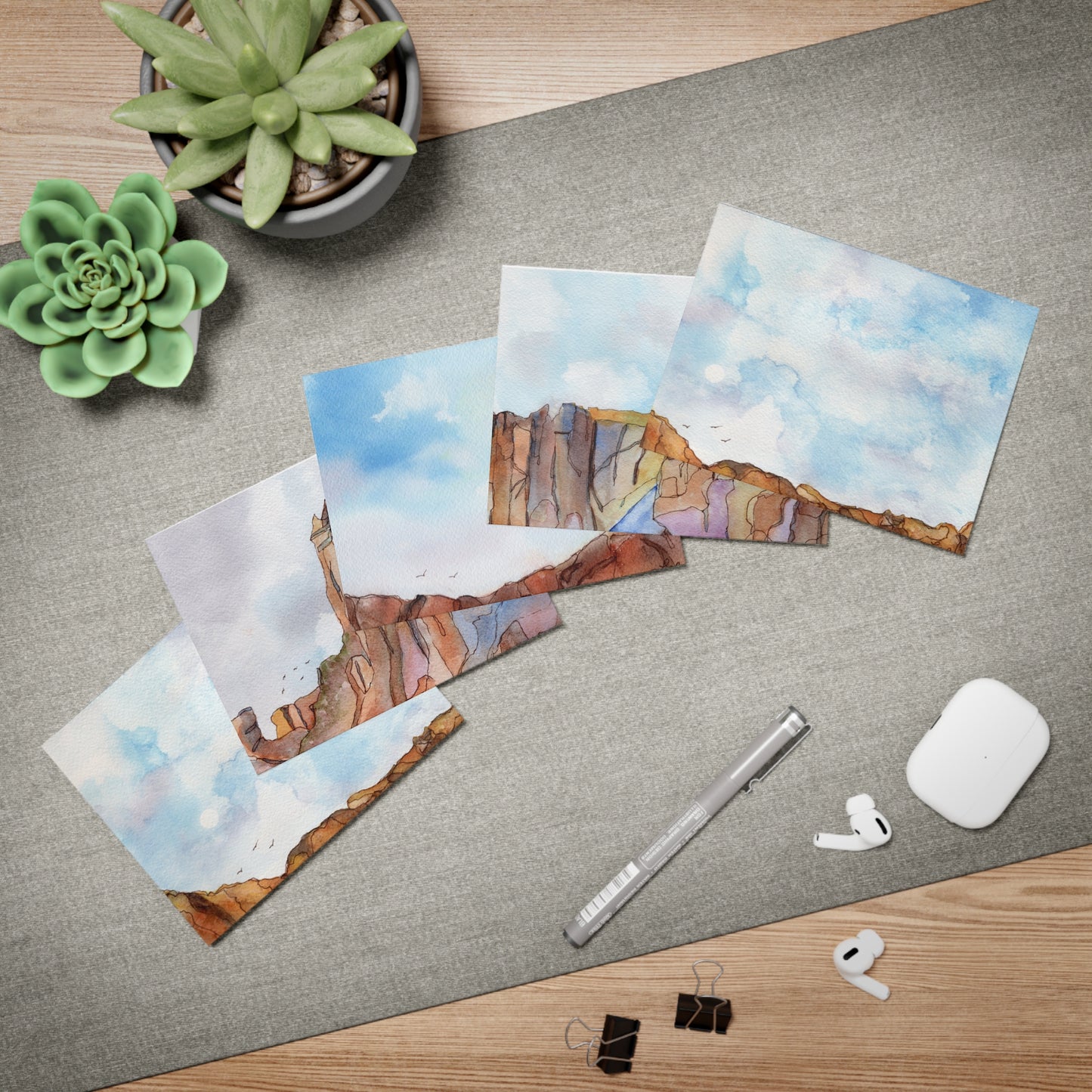 Greeting Cards, Southwest Watercolor Design, 5-Pack, All Occasion Stationery Set, Handmade Blank Note Cards, Big Rocks and Skies Artwork