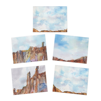 Greeting Cards, Southwest Watercolor Design, 5-Pack, All Occasion Stationery Set, Handmade Blank Note Cards, Big Rocks and Skies Artwork