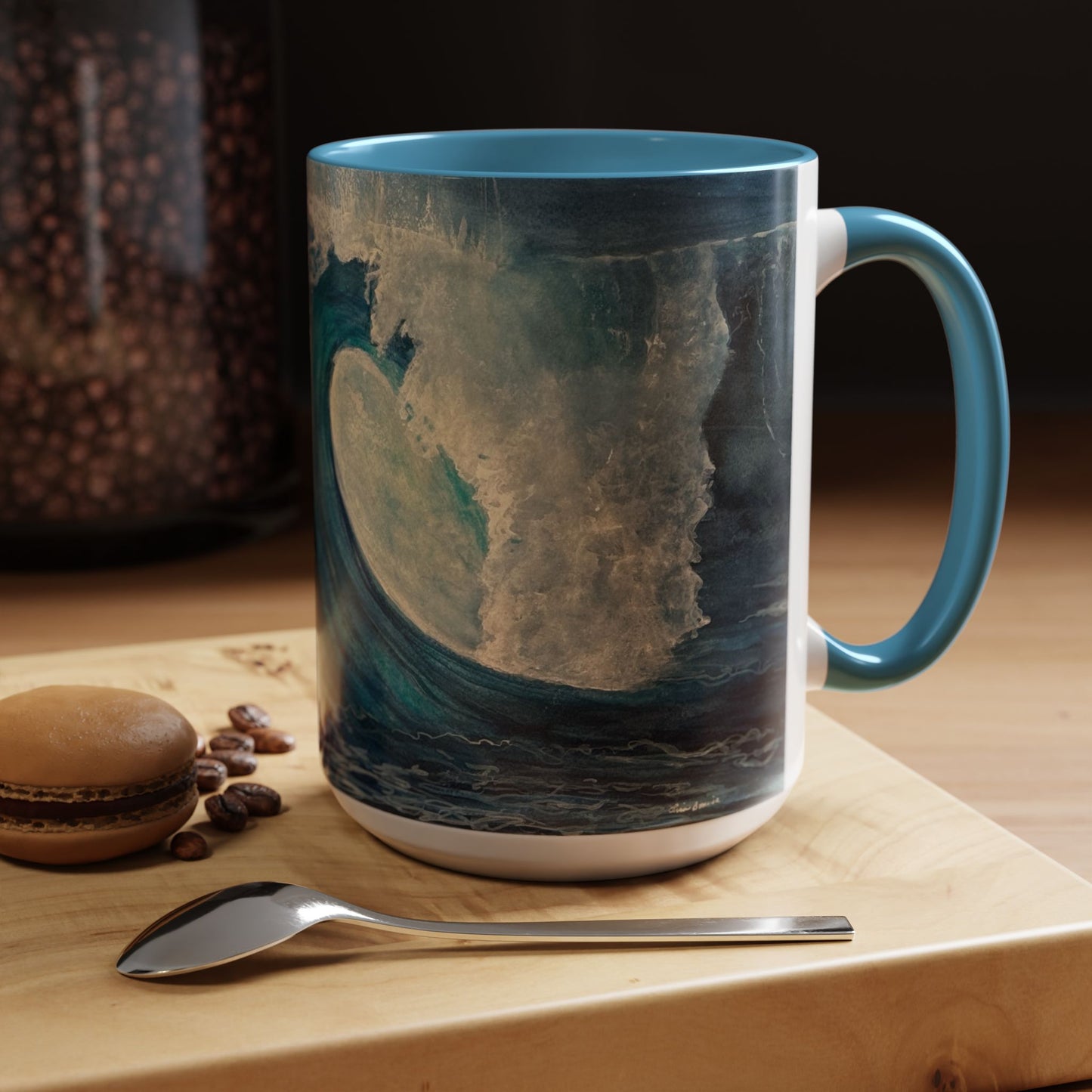 Mug, watercolor big blue wave dark blues and turquoise wavee. Ocean, sea lover gift. Beach theme coffee cup. Coastal home decor. Nautical