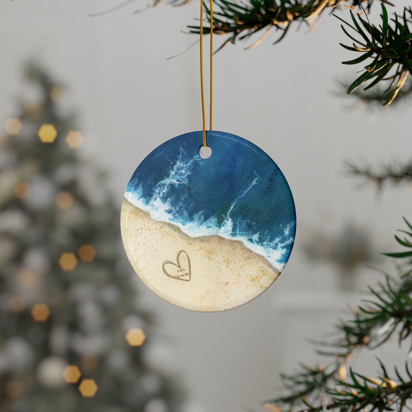 Custom Coastal Beach Ceramic Ornaments | Ocean Waves 2-Sided Print | Sea Themed Gift, Beach House Ornament, Set of 1, 3, 5, 10