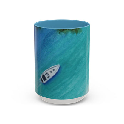 Coffee Mug, Cruisin Watercolor Speedboat Palms and Blue Waters Design, Nautical Tea Cup, Ceramic Tumbler, Boating Drinkware, Ocean Vacation