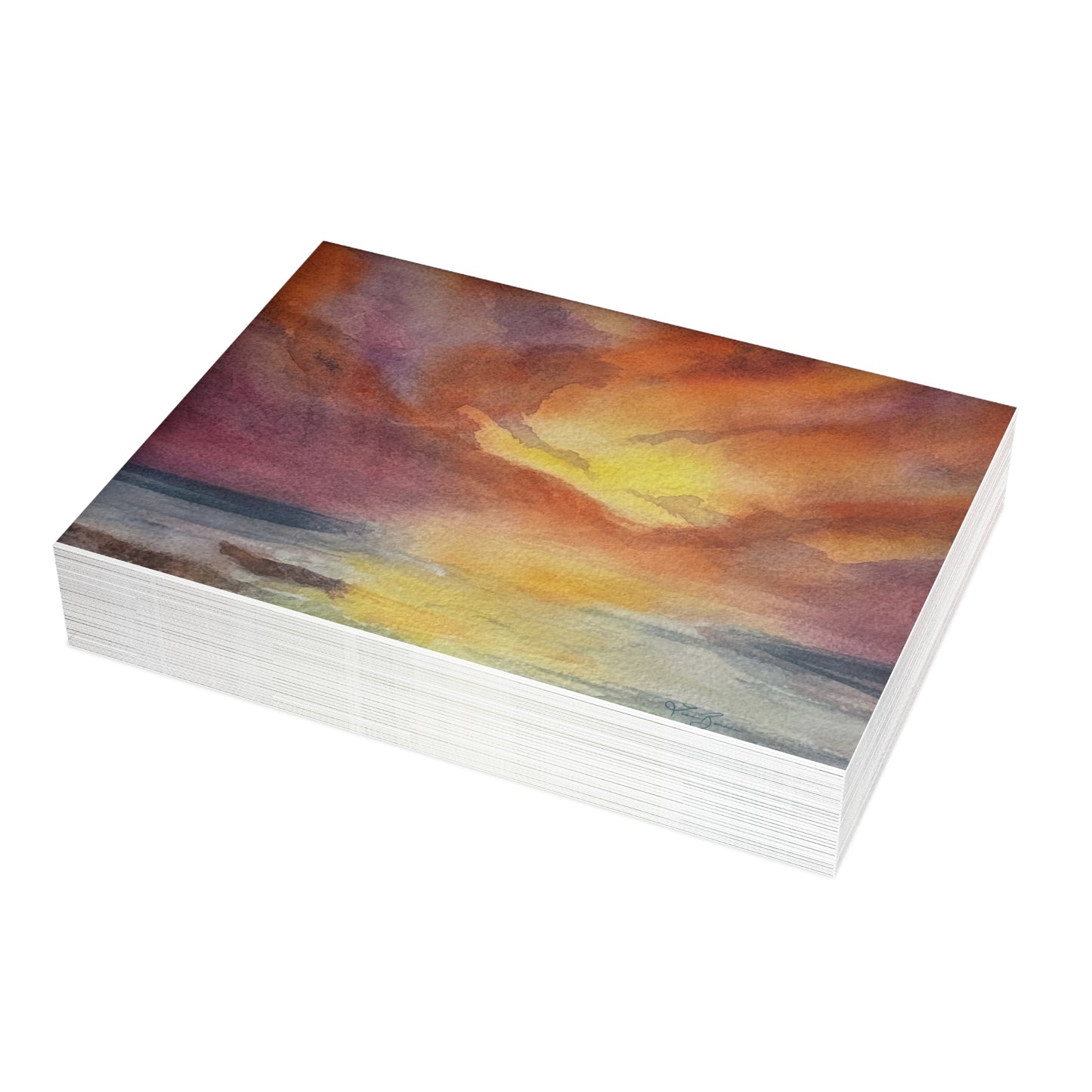 Watercolor Sunset & Ocean Card | Handpainted in Vibrant Oranges and Blues | Blank Inside for Any Occasion