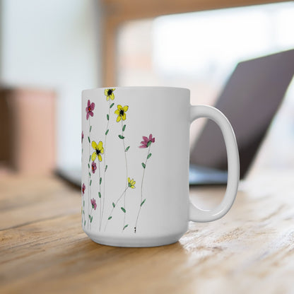 Wildflowers Ceramic Mug - Mom Coffee Cup, Gift for Friends, Gardeners, Summer Drinkware, Tea Lover's Mug, pink floral Kitchen Decor