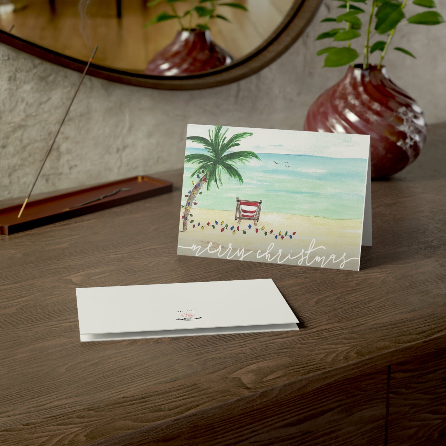 Tropical Merry Christmas Luxury Greeting Card Pack, Original Art Watercolor Art, Blank Tropical Beach Holiday Card Set, Happy Holidays.