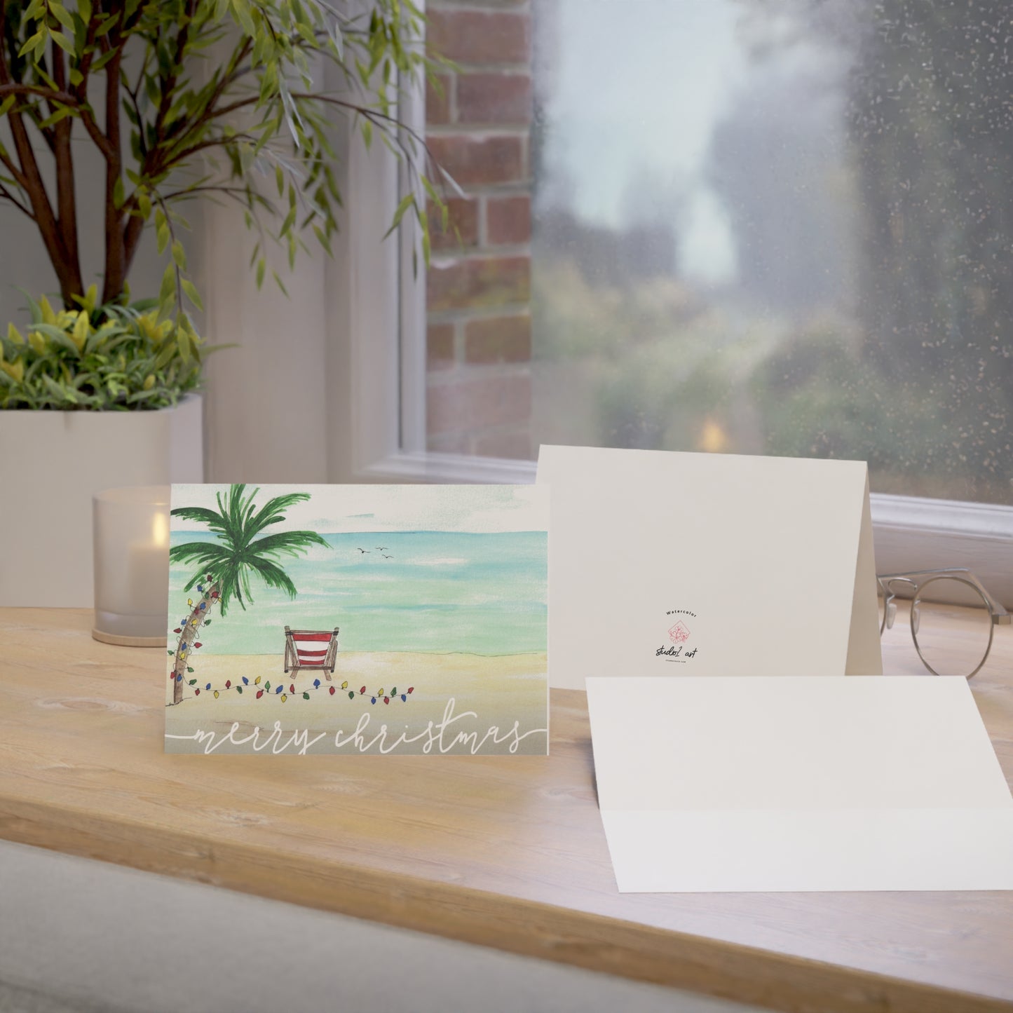Tropical Merry Christmas Luxury Greeting Card Pack, Original Art Watercolor Art, Blank Tropical Beach Holiday Card Set, Happy Holidays.