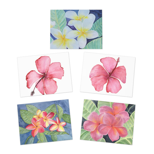 Greeting Cards Set, Tropical Watercolor Fragipani, plumeria Hibiscus Designs, Blank Note Cards, Stationery, Gift Cards, Thank You Cards
