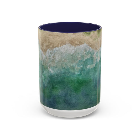 Mug, Shoreline Serenity Watercolor Painting, Ocean Beach Decor Gift, Coastal Home Kitchen Decor, Green and Blue Ceramic Coffee Cup, Tea Mug,