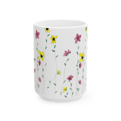 Wildflowers Ceramic Mug - Mom Coffee Cup, Gift for Friends, Gardeners, Summer Drinkware, Tea Lover's Mug, pink floral Kitchen Decor