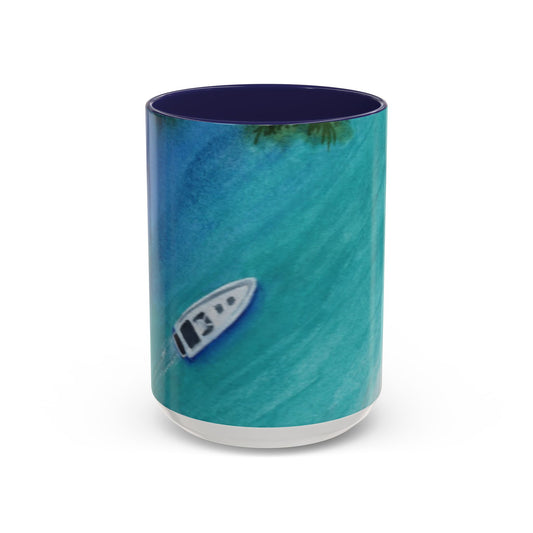 Coffee Mug, Cruisin Watercolor Speedboat Palms and Blue Waters Design, Nautical Tea Cup, Ceramic Tumbler, Boating Drinkware, Ocean Vacation