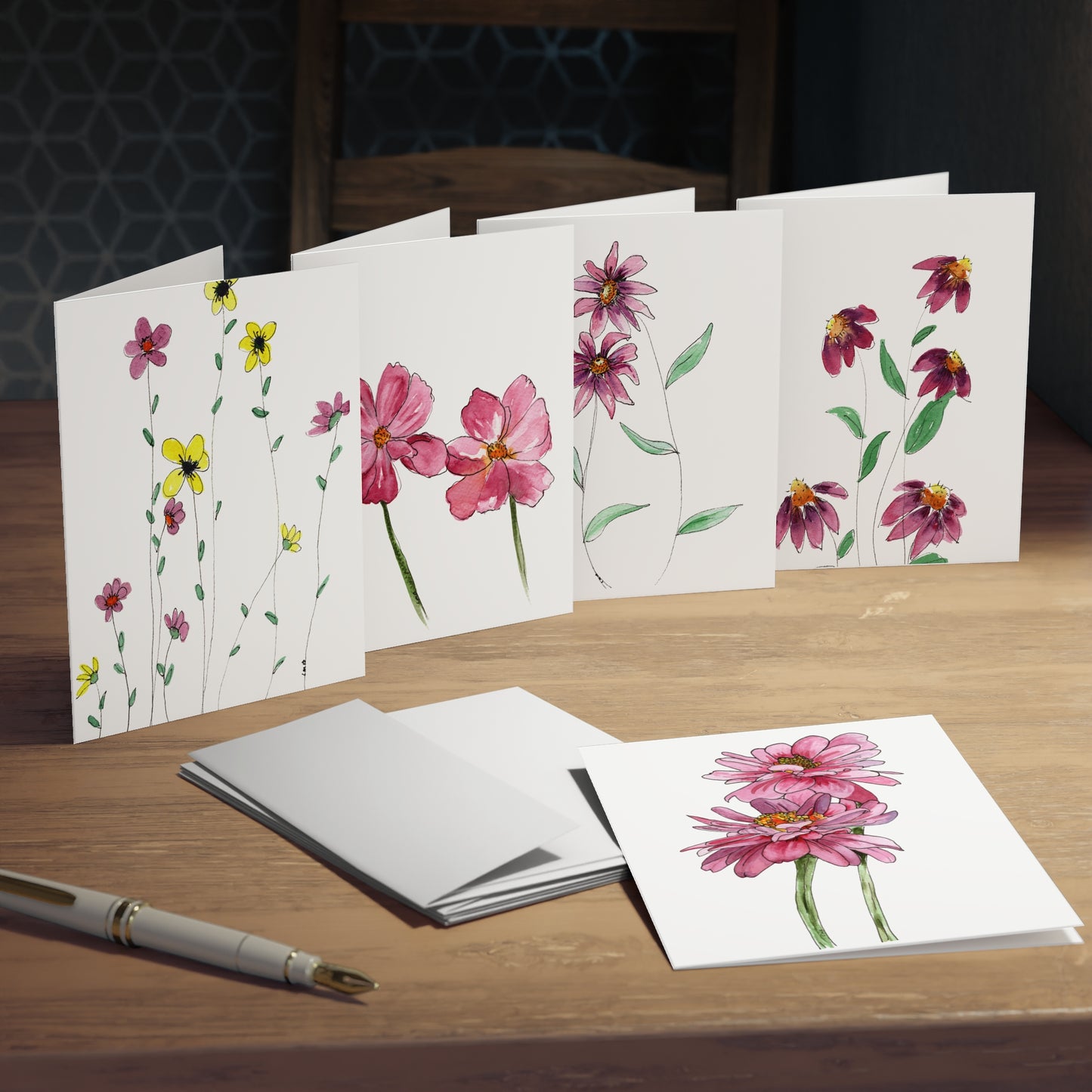 Greeting Cards, Watercolor Pink Flowers, Mother's Day Gift, 5-Pack, Note Cards, Anytime Use, Floral Stationery