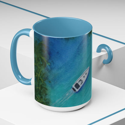 Coffee Mug, Cruisin Watercolor Speedboat Palms and Blue Waters Design, Nautical Tea Cup, Ceramic Tumbler, Boating Drinkware, Ocean Vacation