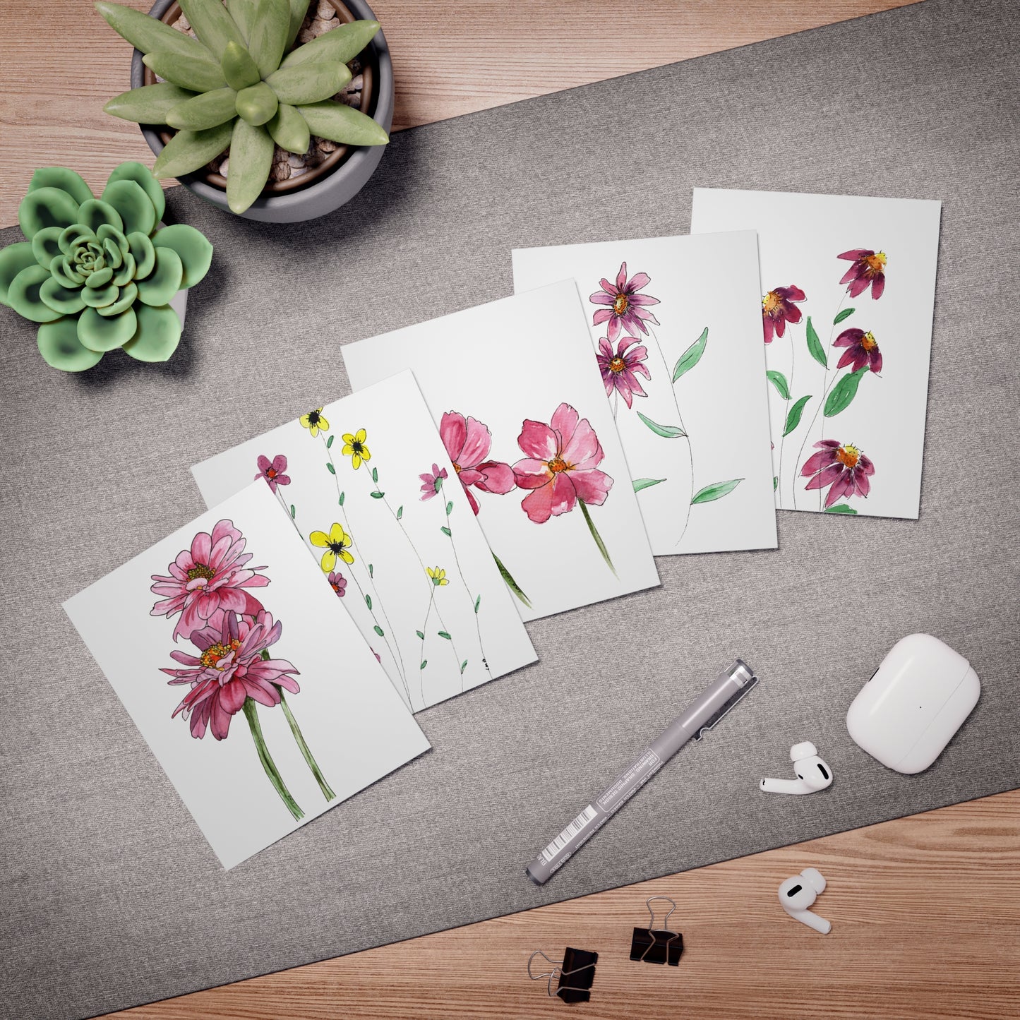 Greeting Cards, Watercolor Pink Flowers, Mother's Day Gift, 5-Pack, Note Cards, Anytime Use, Floral Stationery