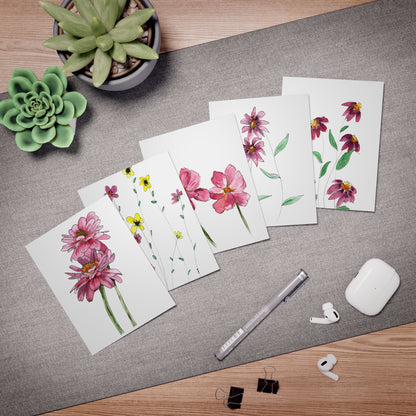 Greeting Cards, Watercolor Pink Flowers, Mother's Day Gift, 5-Pack, Note Cards, Anytime Use, Floral Stationery