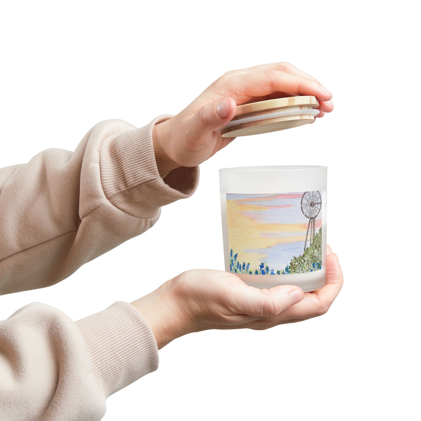 Candle, Texas Prairie Windmill and Bluebonnets Cactus Design, Home Fragrance, Decor, Gift, Hand-poured Soy Wax Candle
