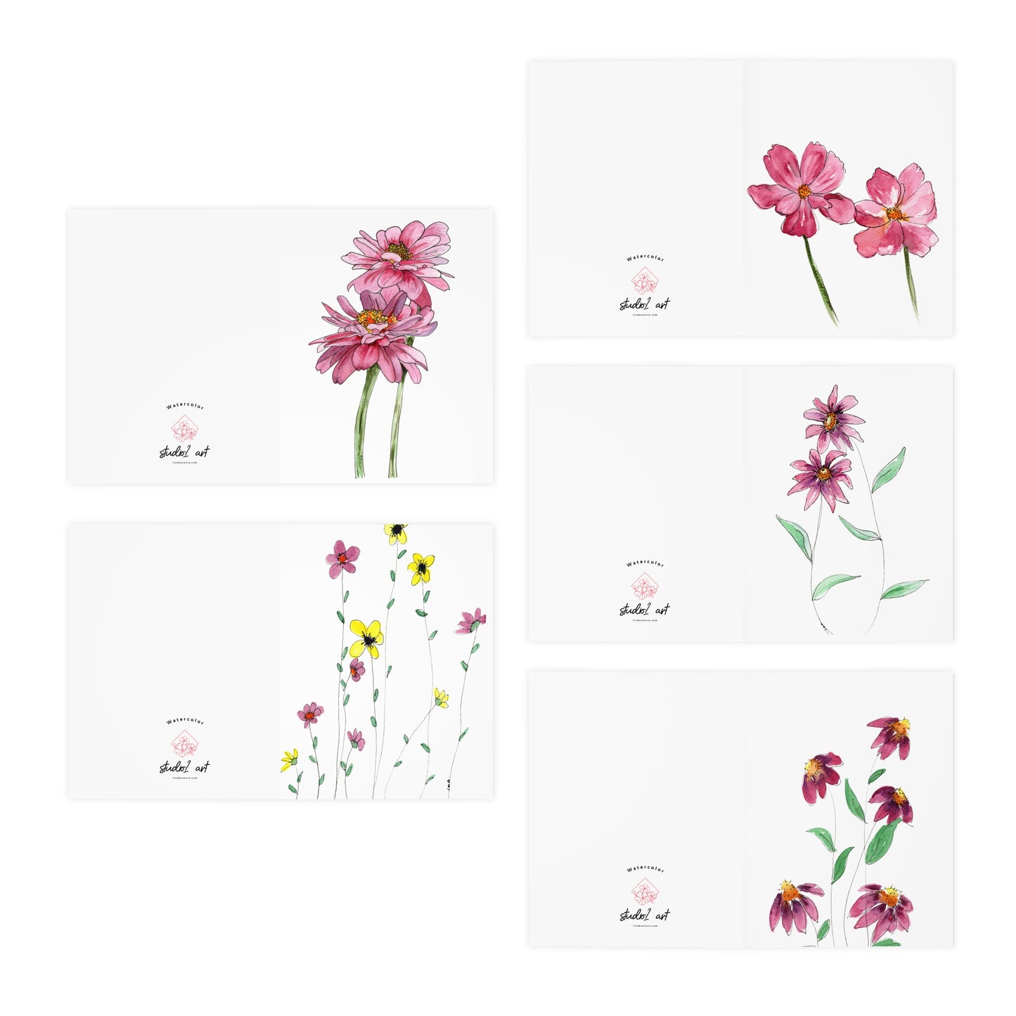 Greeting Cards, Watercolor Pink Flowers, Mother's Day Gift, 5-Pack, Note Cards, Anytime Use, Floral Stationery
