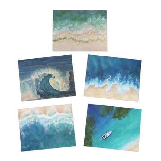 Greeting Cards, Seaside Beach Watercolor Original Designs, 5-Pack for Any Occasion, Blank Inside, Stationery Set, Note Cards, Handmade,